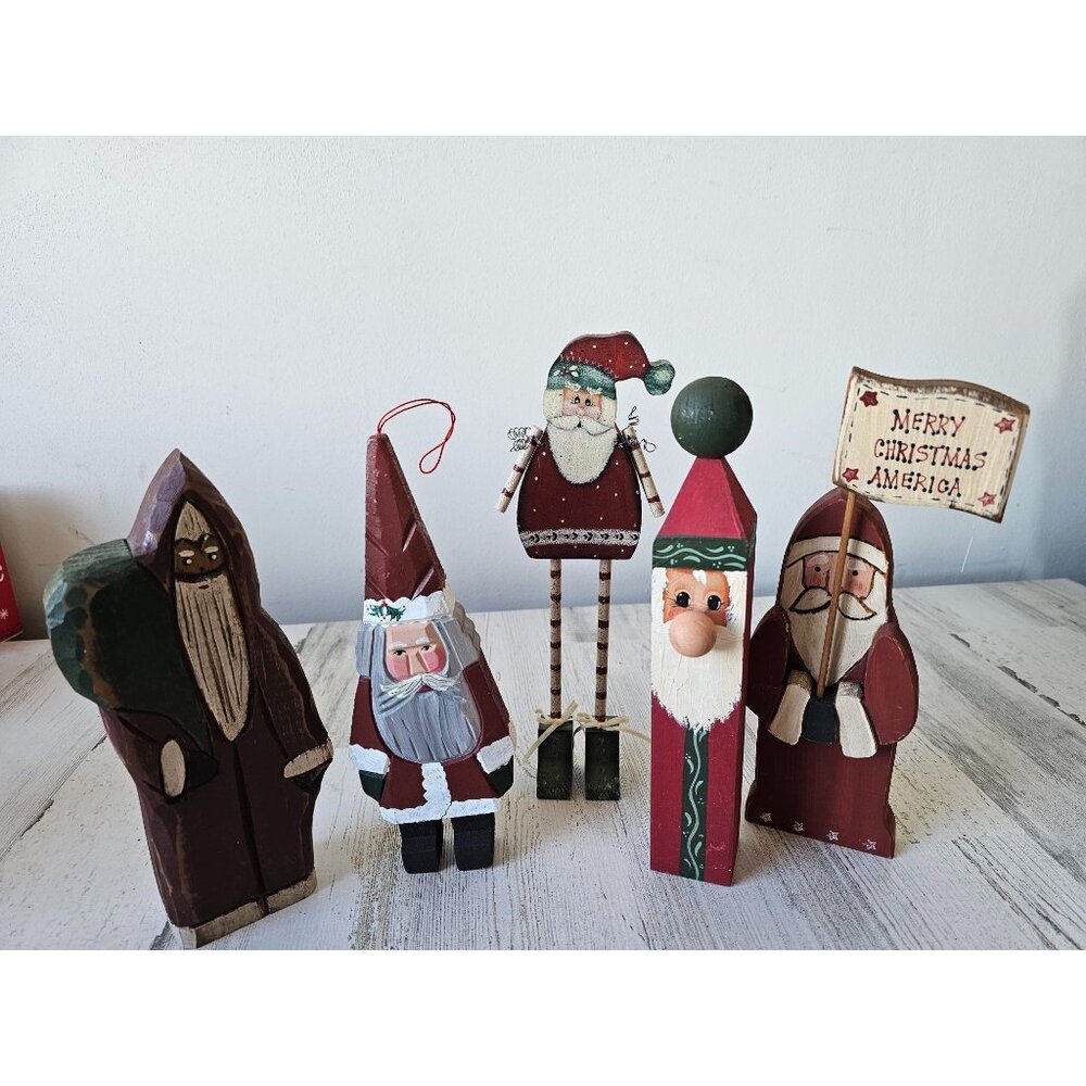Wooden Santa lot statue figurine folk art unique set of five